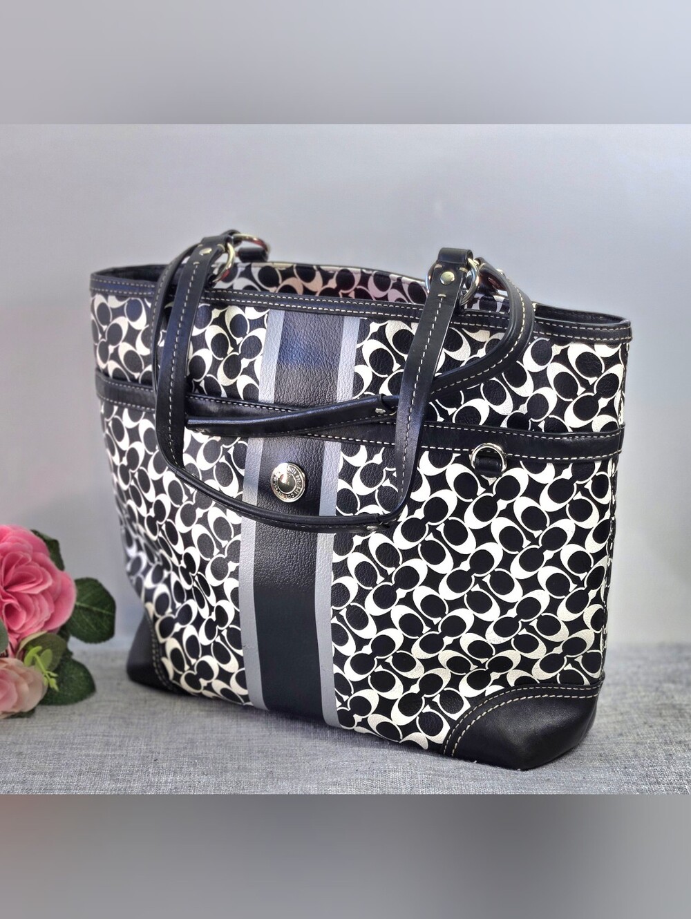 Coach Chelsea Heritage Stripe Signature Tote Bag Black White F15137 Y2K Medium
